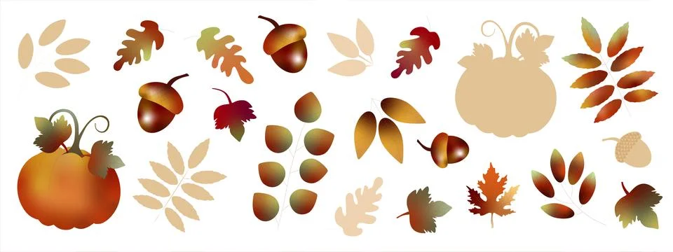 Fall set of pumpkins oak and maple leaves acorns with gradient Stock Illustration