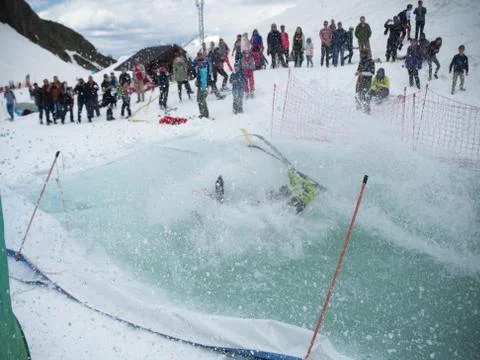 The fall of the skier in the pool in the ski resort Gorki-gorod Russia Sochi Stock Photos