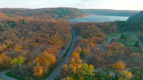Fall Sunset at Campground with Lake, Drone 4K Stock Footage 231177122