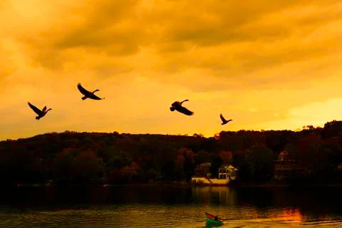 Fall sunset on the river. Stock Photos