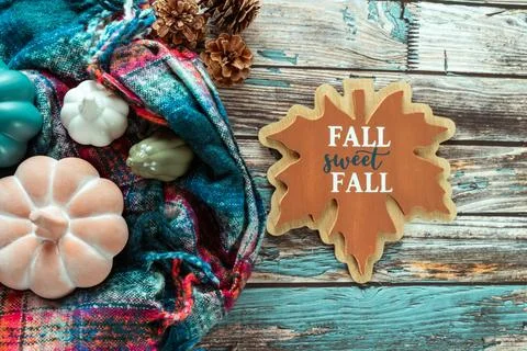 Fall Sweet Fall maple leaf plaque sign with a blue red plaid scarf blanket,.. Stock Photos