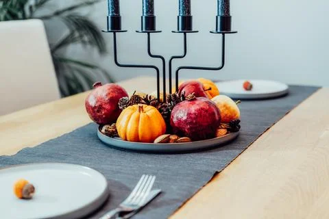 Fall table setting for romantic celebration Thanksgiving day for two. Autumn Stock Photos