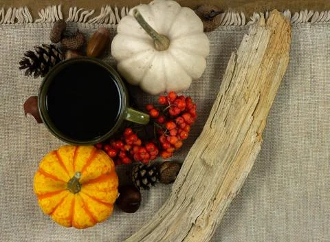 Fall Tabletop Scene with Coffee Mug, Pumpkins and Weathered Driftwood on Linen Stock Photos