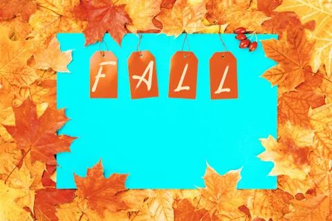Fall text with maple leaves background banner Stock Photos
