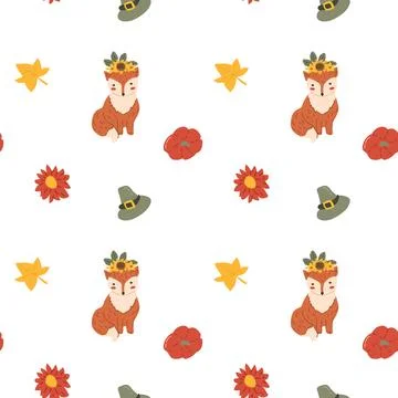 Fall thanksgiving pattern with autumn leaves and plants, animals. Cute fabric Stock Illustration