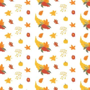 Fall thanksgiving pattern with autumn leaves and plants, animals. Cute fabric Illustrazione stock