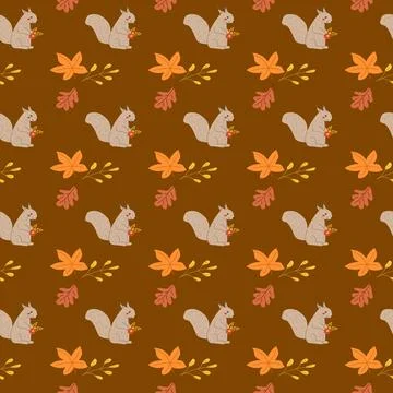 Fall thanksgiving pattern with autumn leaves and plants, animals. Cute fabric Stock Illustration