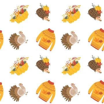 Fall thanksgiving pattern with autumn leaves and plants, animals. Cute fabric Stock Illustration
