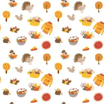 Fall thanksgiving pattern with autumn leaves and plants, animals. Cute fabric 스톡 일러스트