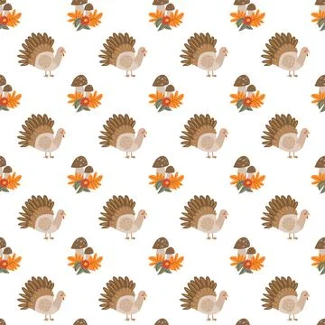 Fall thanksgiving pattern with autumn leaves and plants, animals. Cute fabric イラスト素材