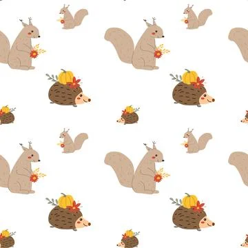Fall thanksgiving pattern with autumn leaves and plants, animals. Cute fabric Stock Illustration