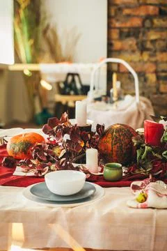 Fall thanksgiving table setting with festive decor Stock Photos
