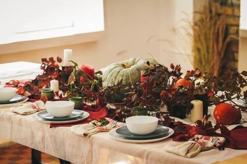 Fall thanksgiving table setting with festive decor Stock Photos