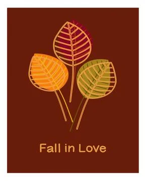 Fall-themed artwork featuring three colorful leaves on a brown background Stock Illustration