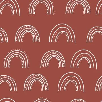 Fall themed doodle vector seamless pattern. Linear hand drawn rainbows. Ideal Stock Illustration