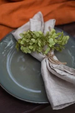 Fall themed holiday table setting arrangement for a seasonal party Stock Photos