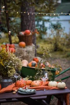 Fall themed holiday table setting arrangement for a seasonal party Stock Photos
