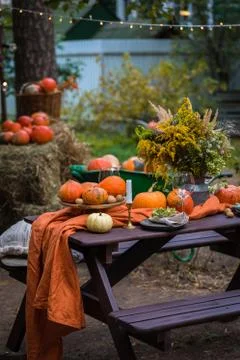 Fall themed holiday table setting arrangement for a seasonal party Stock Photos