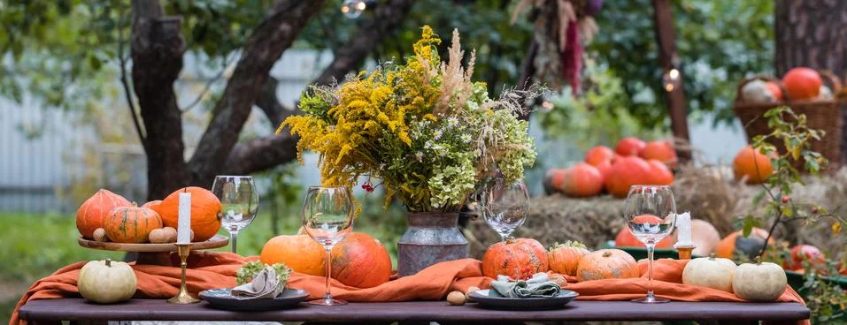 Fall themed holiday table setting arrangement for a seasonal party, banner Stock Photos