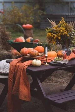 Fall themed holiday table setting arrangement for a seasonal party, banner Stock Photos