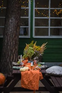 Fall themed holiday table setting arrangement for a seasonal party in the yar Stock Photos