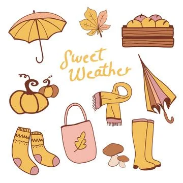 Fall-themed illustrations featuring cozy items like pumpkins, scarves, and Stock Illustration