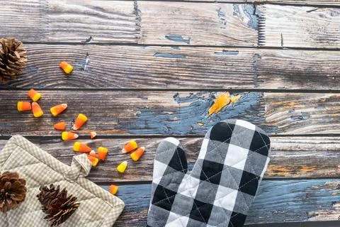 Fall top-down flat lay arrangement, baking theme. With candy corn, plaid ov.. Stock Photos