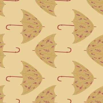 Fall umbrella silhouettes seamless pattern with folk ornament. Beige accessor Stock Illustration