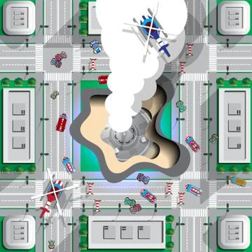The fall of an unidentified flying object in the city. Stock Illustration