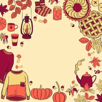 Fall vector background with warm sweaters, drinks and pies. Illustrazione stock