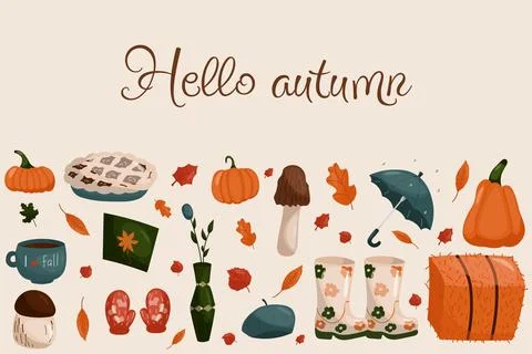 Fall vector elements set. Hello autumn illustration with pumpkins, umbrella 스톡 일러스트