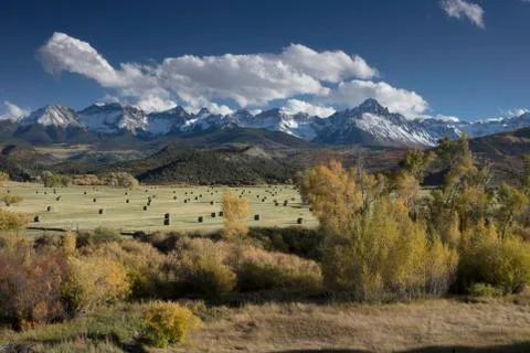 Fall view of hay bales in a field with San Juan Mountain range of the Dallas Stock Photos