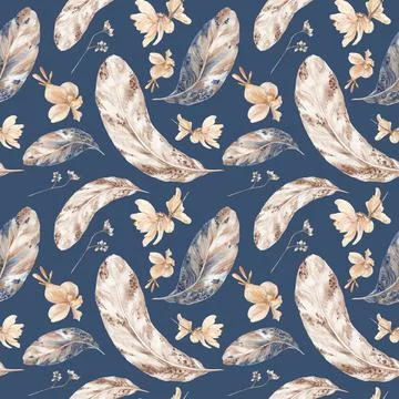 Fall Watercolor Pattern with Feathers on blue background Stock Illustration