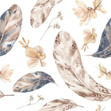 Fall Watercolor Pattern with Feathers Stock Illustration