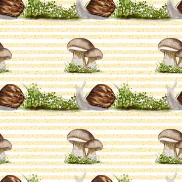 Fall watercolor pattern with snails, mushrooms, and grass in a seamless desig 스톡 일러스트