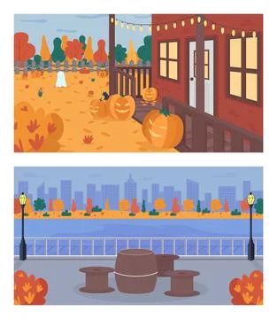 Fall weekend in city flat color vector illustration set Stock Illustration