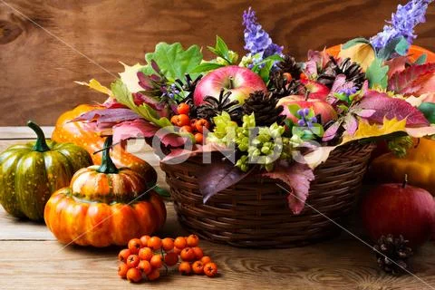 Fall wicker basket table centerpiece with squash Stock Photos