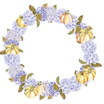 Fall wreath with blue hydrangea and pumpkins. For cards, backgrounds. Water.. Stock-Illustration