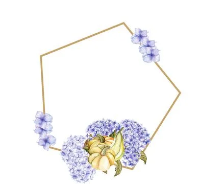 Fall wreath with blue hydrangea . For cards, backgrounds. Watercolor illust.. Stock Illustration