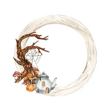 Fall wreath with orangeelements. For cards, backgrounds. Watercolor illustr.. Illustrazione stock
