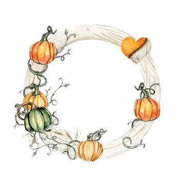 Fall wreath with orangeelements. For cards, backgrounds. Watercolor illustr.. Stock Illustration