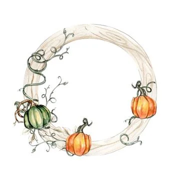 Fall wreath with orangeelements. For cards, backgrounds. Watercolor illustr.. Illustrazione stock