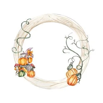 Fall wreath with orangeelements. For cards, backgrounds. Watercolor illustr.. Stock Illustration