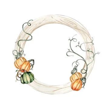 Fall wreath with orangeelements. For cards, backgrounds. Watercolor illustr.. Stock Illustration