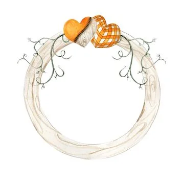 Fall wreath with orangeelements. For cards, backgrounds. Watercolor illustr.. Stock Illustration