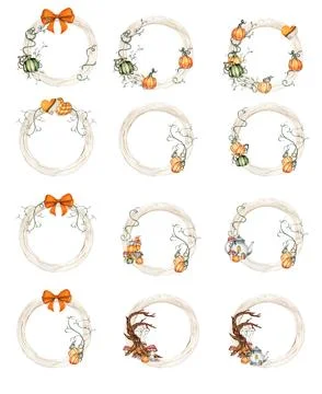 Fall wreath with orangeelements. For cards, backgrounds. Watercolor illustr.. Illustrazione stock