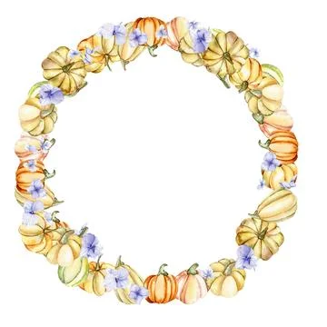 Fall wreath with pumpkins. For cards, backgrounds. Watercolor illustration fo Stock Illustration