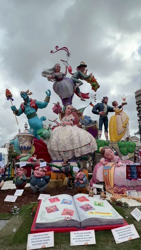 Fallas de Valencia ninots art installation with folklore characters Stock Footage 333807212