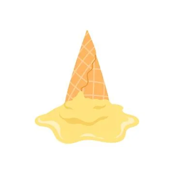 Fallen and spilled yellow soft ice cream in waffle cone with flowing liquid Stock Illustration
