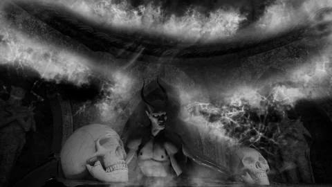 Fallen angel satan in a crypt with skulls Ilustración de archivo